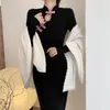 Casual Dresses Chinese Black Cheongsam Maxi Long Dress 2023 Autumn Winter Stand Bow Slim Design Robe Fashion Elegant A9Q1 7S6B