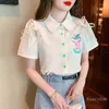 Vrouwen Blouses Koreaanse Mode Gedrukt Korte Mouwen Chiffon Shirt Voor Vrouwen Zomer 2023 Lace-Up Blouse Tops Chic mooie Knop