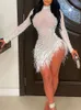 Casual Dresses Mkdlufi Mock Neck Rhinestone Sheer Mesh Feather Detail Party Dress Women Sexy Night Out Bodycon