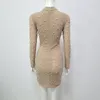 Casual Dresses Women Club Dress Vestidos Khaki High Neck Celebrity Party Elegant Long Sleeve Pearl Beading Sexig mini bodycon