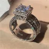 Banda esterlina sier princesa corte 3ct laboratório anel de diamante jóias anéis de casamento de noivado para mulheres