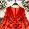 Casual Dresses New Wrap Hip Pleated Short Dresses 2023 Women V Neck Multi-layer Ruffled Long Flare Sleeved Slim Clothes Vestido Fe340N