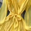 Autumn Women A Line Yellow Casual Dresses Hollow Out Midi Dress Elegant V-Neck Puff Short Sleeve High Waist Party Robe Female Vestido 2023