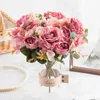 Torkade blommor Silk Rose Peony Artificial Bouquet Hög kvalitet för heminredning Julbröllop Brudtillbehör