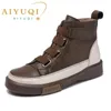 Обувь Aiyuqi, женская зимняя обувь на плоской подошве из натуральной кожи, 2023, антикварные женские ботинки в тон с завязкой спереди, трендовая студенческая обувь для девочек