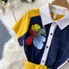 Casual Dresses Elegant OL Color Block Patchwork Shirt Dresses Women New Playful Casual Sequined Embroidery Flower Belt Summer Dress Vestido Mid 2023