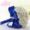 Konstgjorda bröllop buketter nya 16 handgjorda elfenbensblommor Royal Blue Ribbon Wedding Anniversary Bouquet för brudar 18-20cm257h