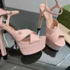 Sandálias femininas plataforma stiletto bombas tira de tornozelo de couro genuíno cruz exposta dedo do pé sola de couro sola de jantar sapatos de designer de luxo saltos altos com caixa