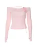 T-shirts pour femmes T-shirt à manches longues à épaules dénudées Balletcore Basic Tee Y2k Fairy Vintage Crop Top Casual Slim Spring Pullover (D Pink