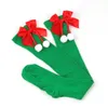 Calcetines de mujer CottvoLadies Medias a rayas Medias largas de algodón Calcetín de Navidad cálido Bola de lazo de Navidad Muslo alto sobre la rodilla