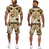 Herrspårar Summer Golden Lion Statue Mönster 3D Print Men's T ShirtShortSoque Barock Style Kort ärm Tracksuit Hip Hop Streetwear Set 230617