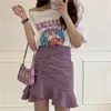 Lilac Purple Skirts Women 2022 Summer Elegant Pleated Mermaid Skirts Mini Skirt and Top Set One Shoulder Tshirts Print T