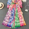 Casual Kleider Frühling Urlaub Rosa Maxi Kleid Frauen Kleidung Rollkragen Lange Laterne Hülse Blume Retro Druck Gürtel Chiffon Lose Vestidos 2023