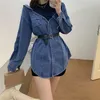 Casual Dresses Spring Fall Denim Blouse Tops With Belt Long Sleeve Patchwork Fake Two Piece Jeans Shirt Women Loose Tops Blusas Mujer 2023