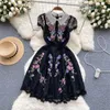 Casual Dresses Fashion Retro Court Brodery Lace A-Line Dress Women Doll Neck Kort ärm Slim Party Elegant Clothes Vestidos de Fiesta 2023