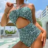 Vrouwen Badmode Groen Bloemenprint Badpak Voor Vrouwen 2023 Uitgesneden Een Stuk Bikini Set Strapless Halter Sexy Backless Monokini PXAA01