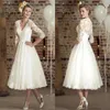 Vintage Teelange Brautkleider mit halben Ärmeln 2019 Retro V-Ausschnitt Spitze Tüll Casamento Vestidos De Kurzes Hochzeitskleid Braut 266z