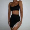 Work Dresses Women Sexy 2Pcs Satin Strap Backless Cami Tanks Crop Top Elastic Irregular Chain Tassels Mini Skirts Summer Outfits Bodycon