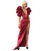 Sukienki imprezowe Bridalaffair High Side Split Red Satin Satin Evening Puff Rleeves V-Neck Platka Ruched Suknia balowa Formalna Specjalna Sukienka