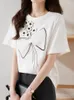 Women's T Shirts Sweet Casual Heavy Industry 3D Floral Bowtie Short Sleeve White T-Shirts Summer Basic Tops Cotton Tees 2023