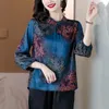 Frauen Blusen Frühling Sommer Blau Floral Seide Langarm Shirts 2023 Koreanische Mode Chic Luxus Top Frauen Elegante Bodycon