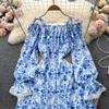 Casual Dresses Fashion Runway Summer Long Dress Women's Spaghetti Strap Slash Neck Flare Sleeve Blue Flower Printing Vacation Dress 2023