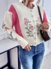 Pulls Femme Printemps Automne Mince Floral Broderie Imprimé O-Cou Cardigan Manches Longues Femmes Pull Vintage Glamour Court Tricot Pour