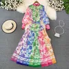 Casual Kleider Frühling Urlaub Rosa Maxi Kleid Frauen Kleidung Rollkragen Lange Laterne Hülse Blume Retro Druck Gürtel Chiffon Lose Vestidos 2023