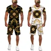 Mannen Trainingspakken Luxe Gouden Bloem 3D Print Mannen Vrouwen TeesSuits Vintage Barok Patroon T-Shirts Shorts Set Mode Paar Streetwear Kleding 230617