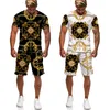 Survêtements pour hommes Luxe Golden Flower 3D Print Hommes Femmes TeesSuits Vintage Baroque Pattern T-Shirts Shorts Set Fashion Couple Streetwear Vêtements 230617