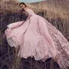 Amazing Pink Lace Wedding Dresses Off Shoulder Long Sleeves 2022 Open Back Bridal Dress Vestidos De Novia Country Wedding Dress Pl338Y