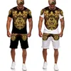 Fatos de Treino Masculino Luxo Flor Dourada Estampa 3D Masculino Feminino T-shirts Ternos Vintage Padrão Barroco Camisetas Shorts Conjunto Moda Casal Roupas Streetwear 230617