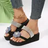 Slippers Women's 2023 Summer Fashion Pearl Flower Thick Sole Wedge High Heel Shoes Soft Outdoor Beach Flip Flops Female