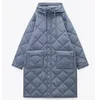 Cappotto da donna in cotone ispessito con cappuccio a maniche lunghe blu di media lunghezza autunno e inverno