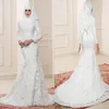 2017 robes de mariée musulmanes blanches décolleté haut manches longues robes de mariée avec appliques perlées style sirène mariage sur mesure G272w