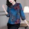 Kadın bluzları bahar yaz mavi çiçek ipek uzun kollu gömlekler 2023 Kore moda şık lüks üst kadınlar zarif bodycon