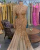 Gorgeous Mermaid Prom Dresses High Neck One Sleeve Designer Shining Applicants on Tulle Hollow Court Gown Custom Made Plus Size Party Dress Vestido De Noite