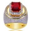 Mode chaude grand mâle large rouge Zircon pierre géométrique anneau de luxe jaune or couleur glacé anneaux de mariage pour hommes femmes Hip Hop