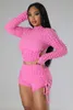 Survêtements pour femmes Sexy Backless Shorts à manches longues Ensembles Femmes Puff Fabric Club Outfits Bandage Crop Top Et Cordon Mini Clubwear