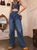 Pantalon deux pièces femme Nicmeix bleu Denim costume femme été haute rue Sexy caraco haut taille jambe large jean doux fille ensemble