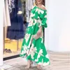 파티 드레스 2023 외국 무역 여성 오프 어깨 탄성 벨트 넥 라인 느슨한 나비 넥타이 허리 꽃 녹색 드레스