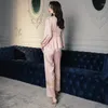 Vêtements de nuit pour femmes rose femmes 3 pièces pyjamas ensemble boutonné hauts pantalons sommeil costume dentelle vêtements de nuit tenues maison vêtements salon porter