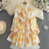 Casual Dresses Fashion Flower Printed Kort klänning med Sashes Stand Collar Long Sleeve Single-Breasted Korean High midja Damklänningar Vestido 2023