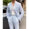 Costumes pour hommes Chic bleu rayures verticales hommes mode décontracté affaires Slim Fit 2 pièces revers cranté haut de gamme homme Blazer veste pantalon