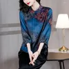 Женские блузки весна лето синие цветочные шелковые рубашки с длинным рукавом 2023 Корейская модная шика