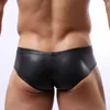 Cuecas Fashion Slim Shorts Imitação de Couro Roupa Interior Masculina Cool Man Boxer Black Men Metal Ring Drop