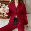 Damen-Nachtwäsche, Damen-Pyjamas, Pour Femme, Revers, 2-teilig, Schlafset, Frühlingsnachthemd mit Knöpfen, Hemd, Hosenanzug, Satin, langärmelig