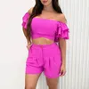 Women's Tracksuits Fashion Casual Set 2023 Solid Color Ruffle Edge Sleeve Lace Up Pink Crop Top High Waist Shorts Two Piece Outfits For