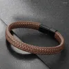 Bangle Multilayer Braided Brown Leather Male Bracelet Fashion Stainless Steel Magnetic Clasp Wrap Bracelets Punk Charm Men Jewelry Gift