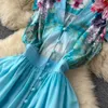 Vestidos casuais passarela verão boêmio vestido maxi roupas femininas manga voadora busto único estampa floral robe longo vestidos de festa azul 2023